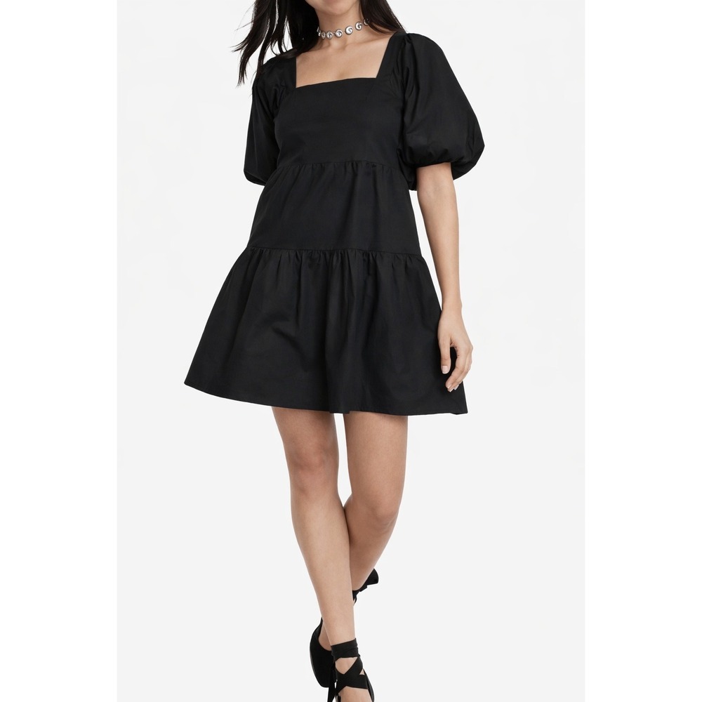 House of Harlow 1960 Black Linen Blend Puff Sleeve Tiered Mini Dress Small
